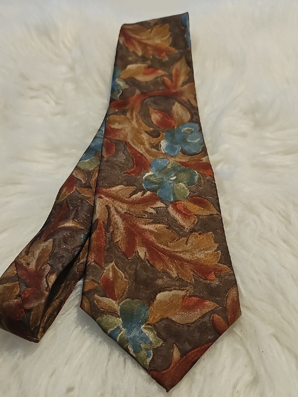 Manhattan Floral Leaf Necktie Mens Size OS Brown Rust Blue Vintage‎ 100% Silk